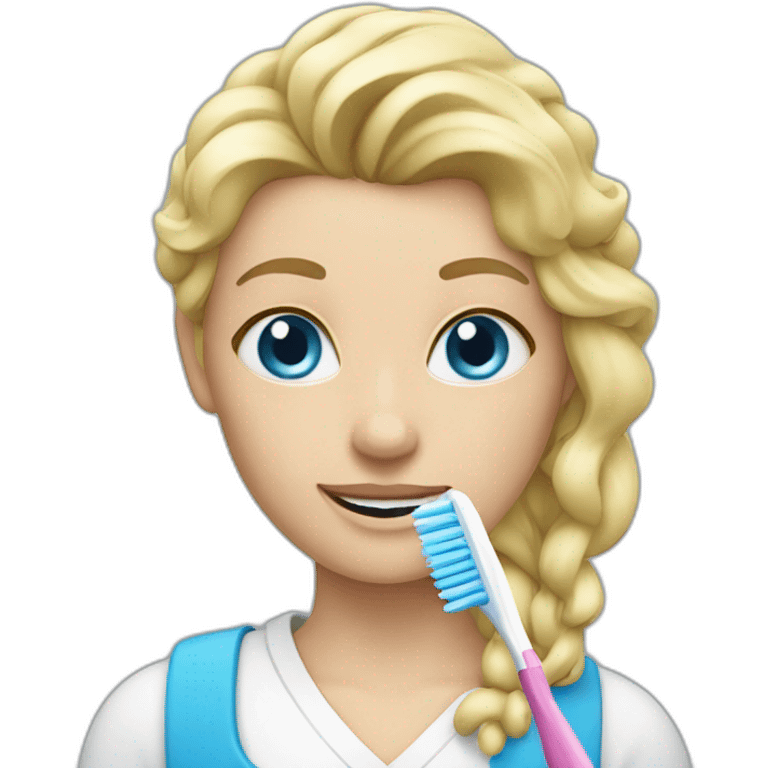 blonde lady with blue eyes and a toothbrush emoji