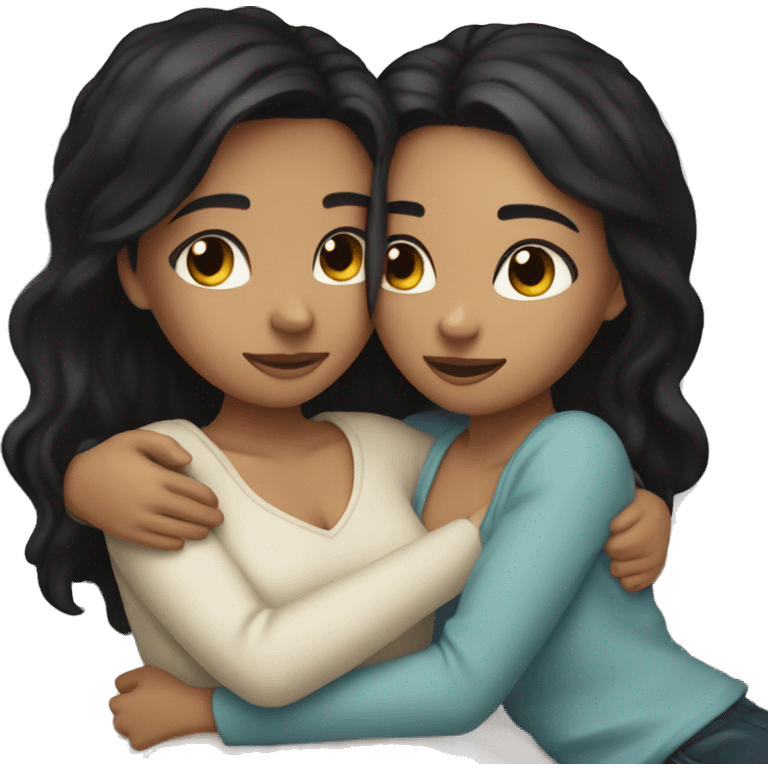 Two girls one with tan skin black hair one with white skin black hair cuddling on a bed together  emoji