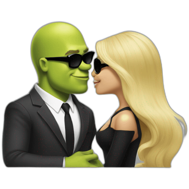 shrek kissing with white-guy-wearing-suit-with-blonde-hair-and-black-sunglasses emoji