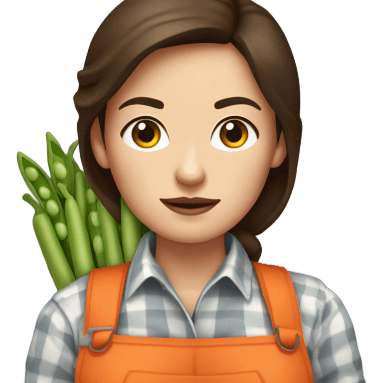 farmer brunette white woman with bunch of peas and carrots in her hands from the garden with gloves on, frowning emoji