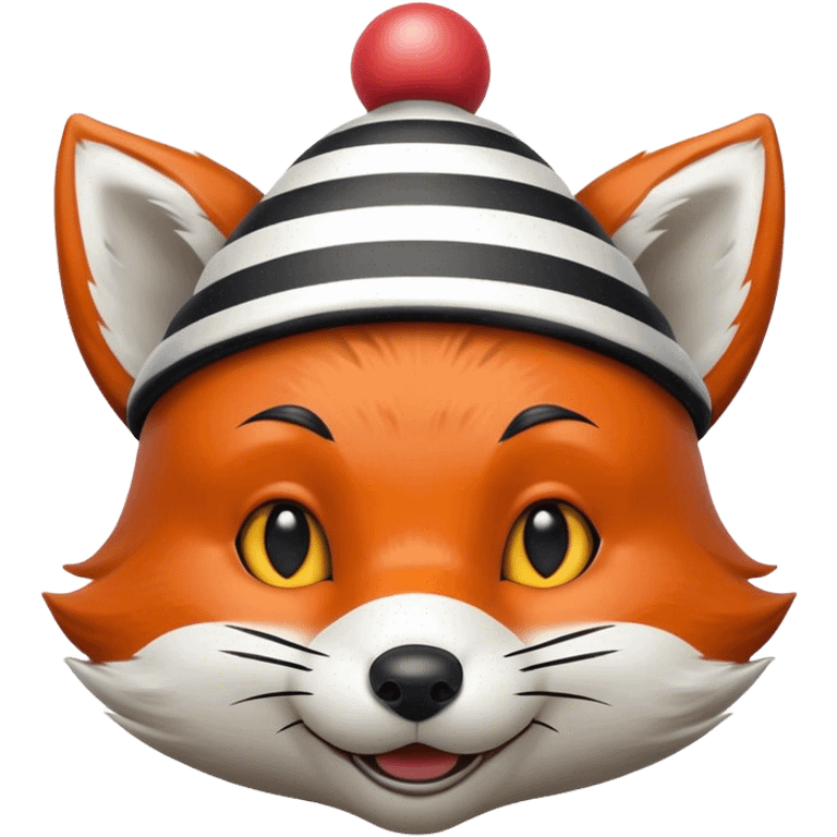 Renard fou avec des rayures noires et blanches portant un minuscule chapeau de clown sur la tête emoji