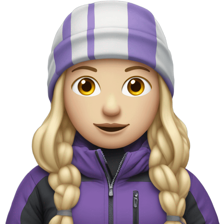 Chubby female long blonde hair skier with purpley-grey jacket and black pants emoji