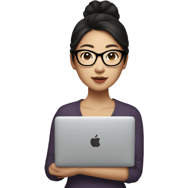 asian woman buns dark hair with glasses holding macbook emoji