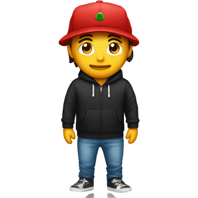 hombre con sudadera negra gorra roja y pasaporte en la mano emoji