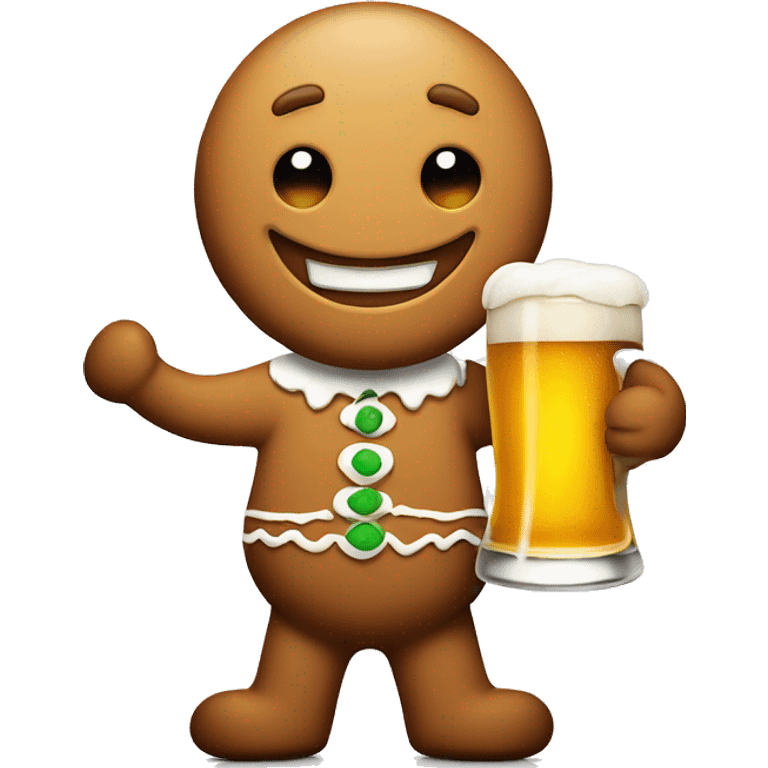 Gingerbread man smiling really big while holding beer glass  emoji