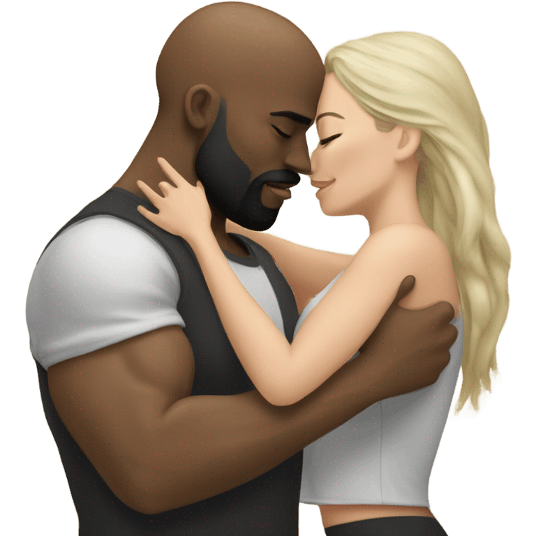 White brunette kissing muscular black bald man with beard emoji