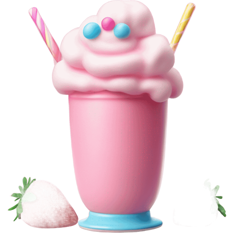 a strawberry milkshake topped with a candy covered marshmallow, gummy candy ribbon, and cotton candy emoji