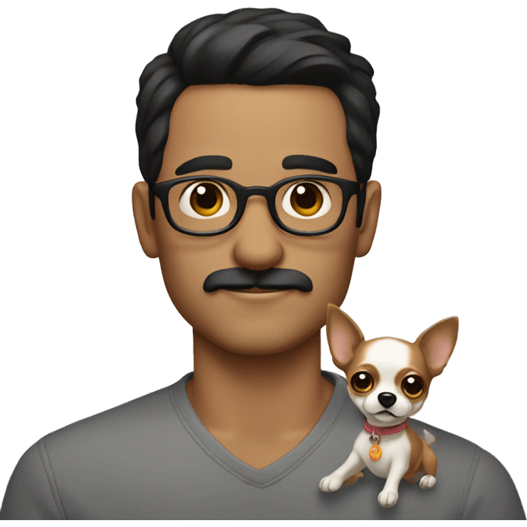 dark hair dark eye man with short mustache wearing glasses holding chihuahua emoji