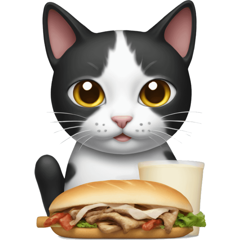 Black and white cat holding milk and kebab emoji