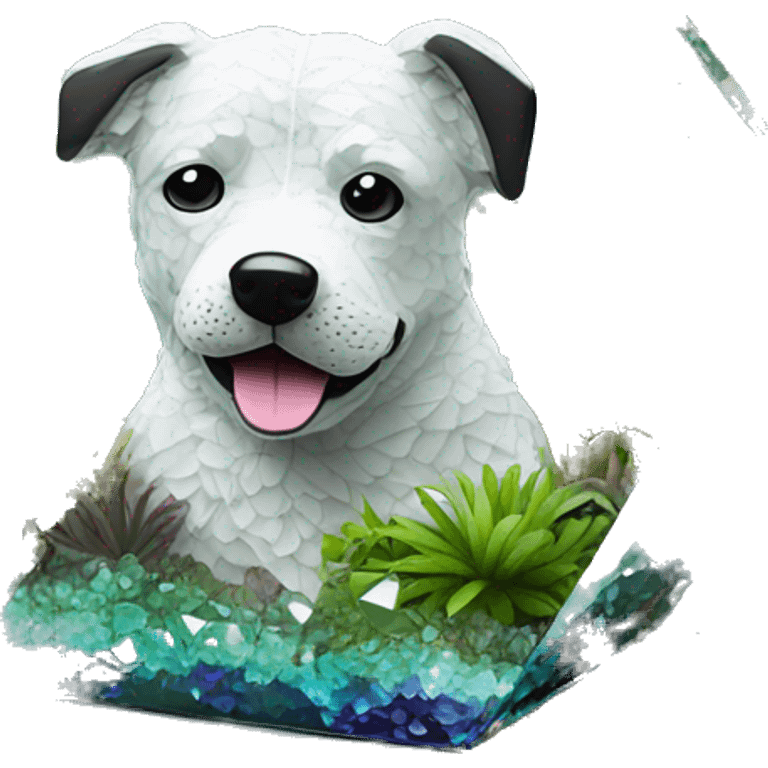 A dog made of glass mirror crystals prisms glass transparent filled with plants as a terrarium with graffiti doodles emoji