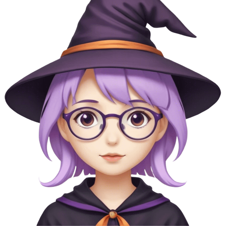 cute anime girl with lilac hair in a witch hat and glasses emoji