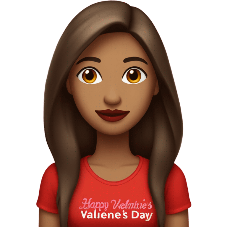 light brown lady, dark brown long straight hair, red lips, eyelashes, wearing red “happy Valentine’s Day” t shirt emoji