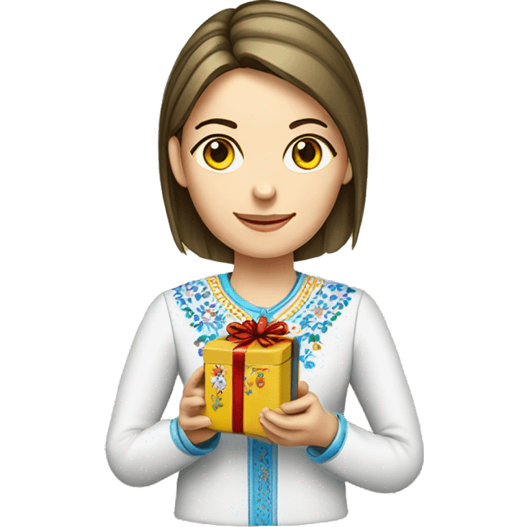 A female teacher in Ukrainian embroidery holds a gift in her hand emoji