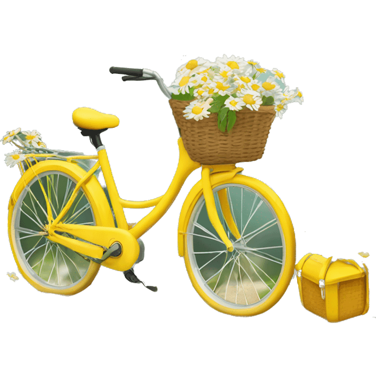 Yellow beach style bicycle with basket full of daisies emoji