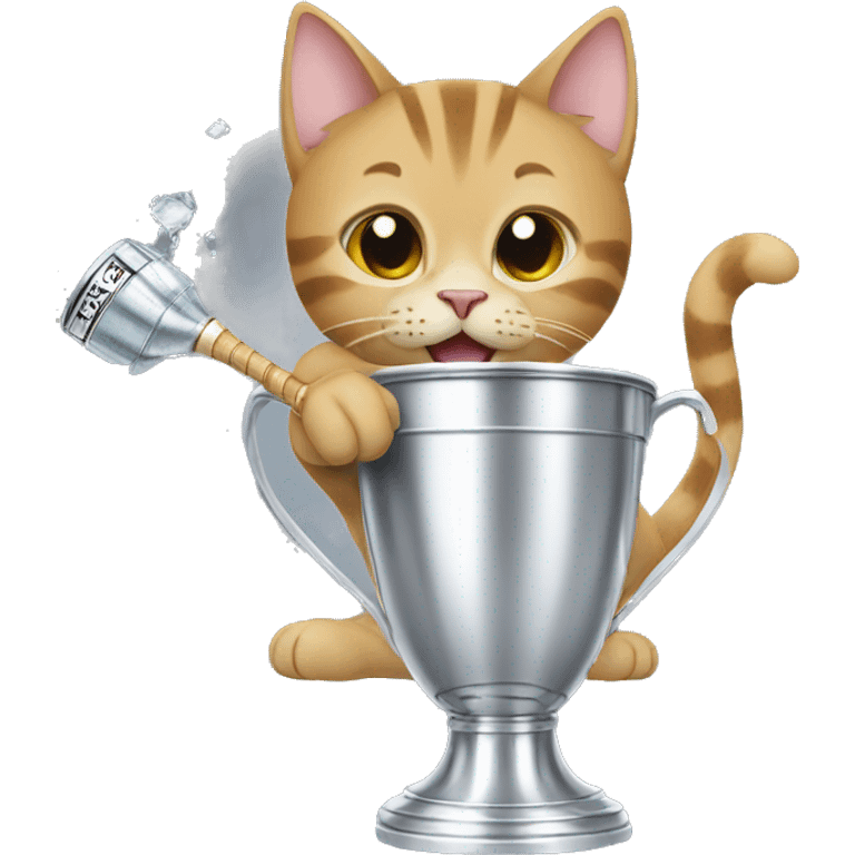 A cat drinking in a stanley cup emoji