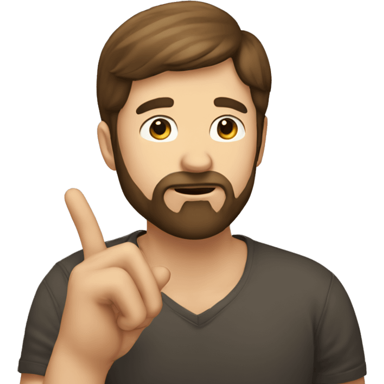 a bearded man with short brown hair, shushing with his finger emoji