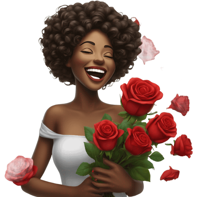 Hyper Realistic beautiful woman smells bouquet of bright red roses laughing  emoji