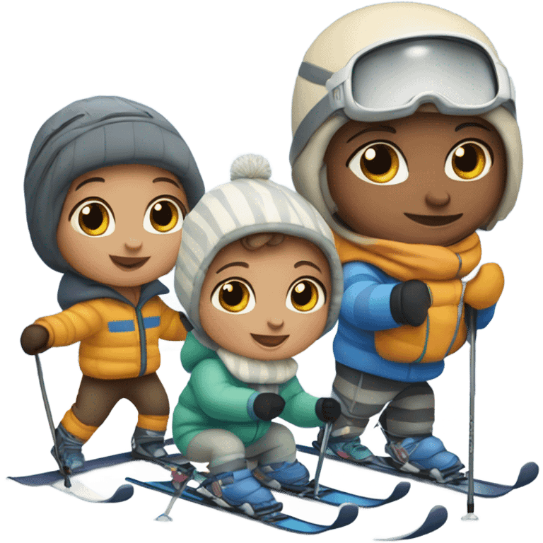 Infant skiing with its family of five, and one grey striped cat emoji