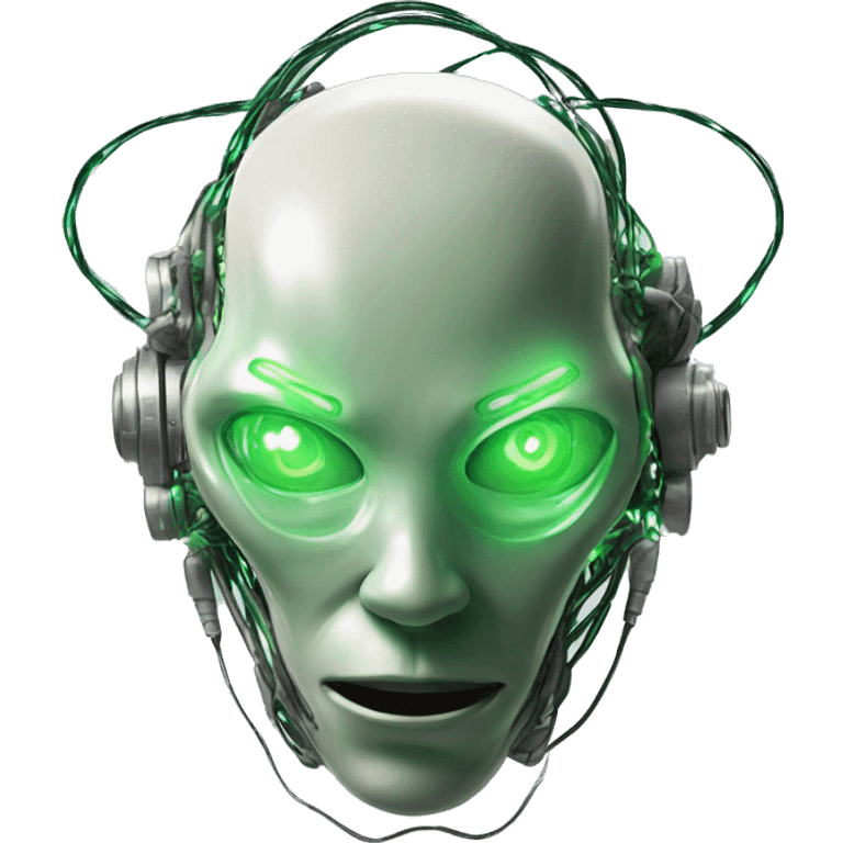 Alien cyborg head with glowing wires and green eyes  emoji