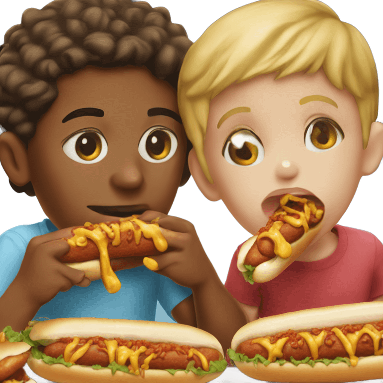 Two American kids Sucking on chili dogs outside the tasty freeze emoji