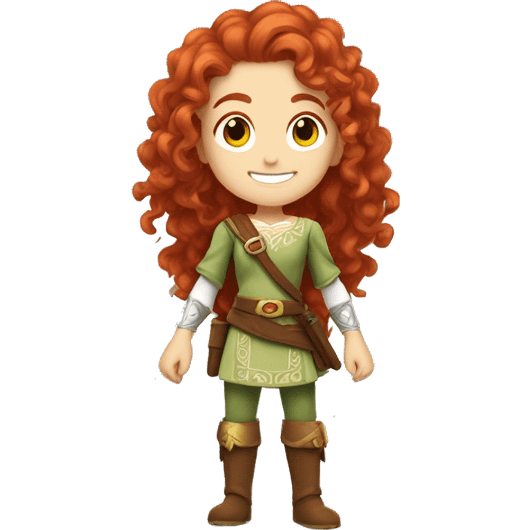 a white girl with long red curly hair and freckles, cosplaying Zelda posing and smiling emoji