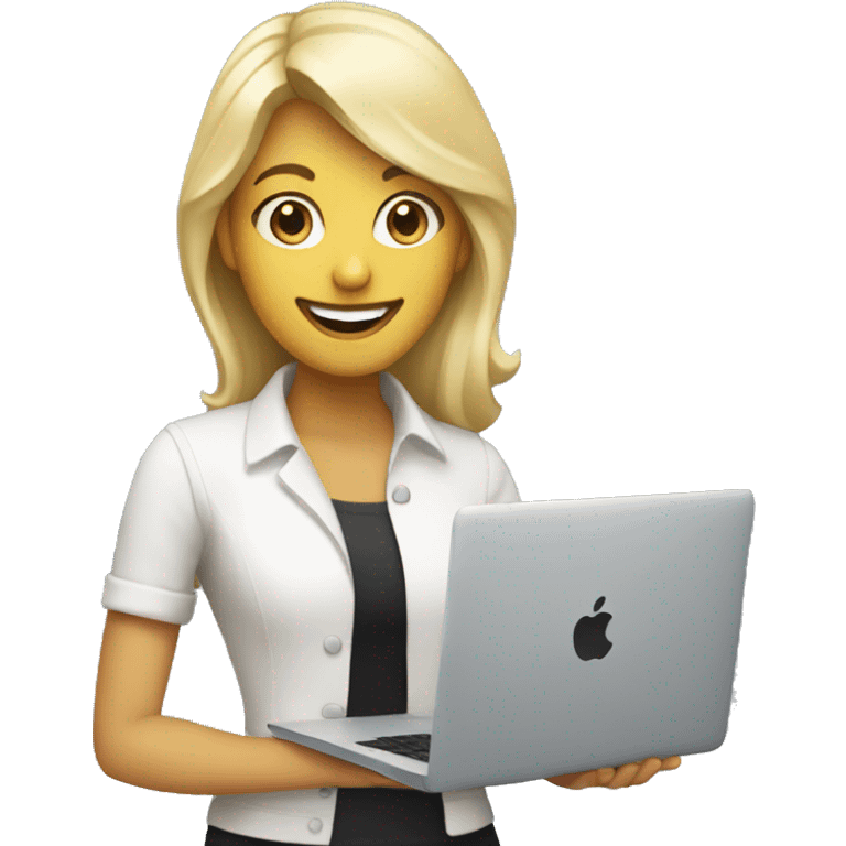 blonde developer holding macbook, smiling emoji