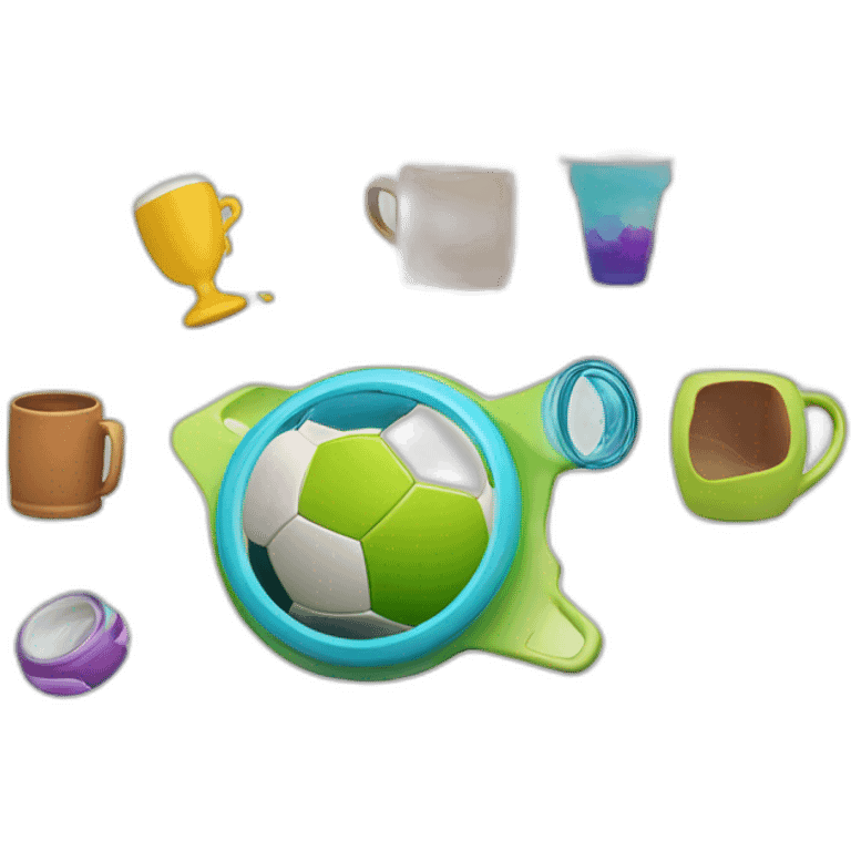 make a circle logo with all shapes of a Soccer ball, person running, wakeboard, sleeping, and swig cup emoji