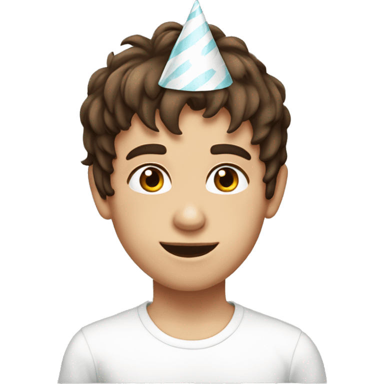 Young Boy, straight brown hair, brown eyes, white skin, birthday party hat emoji