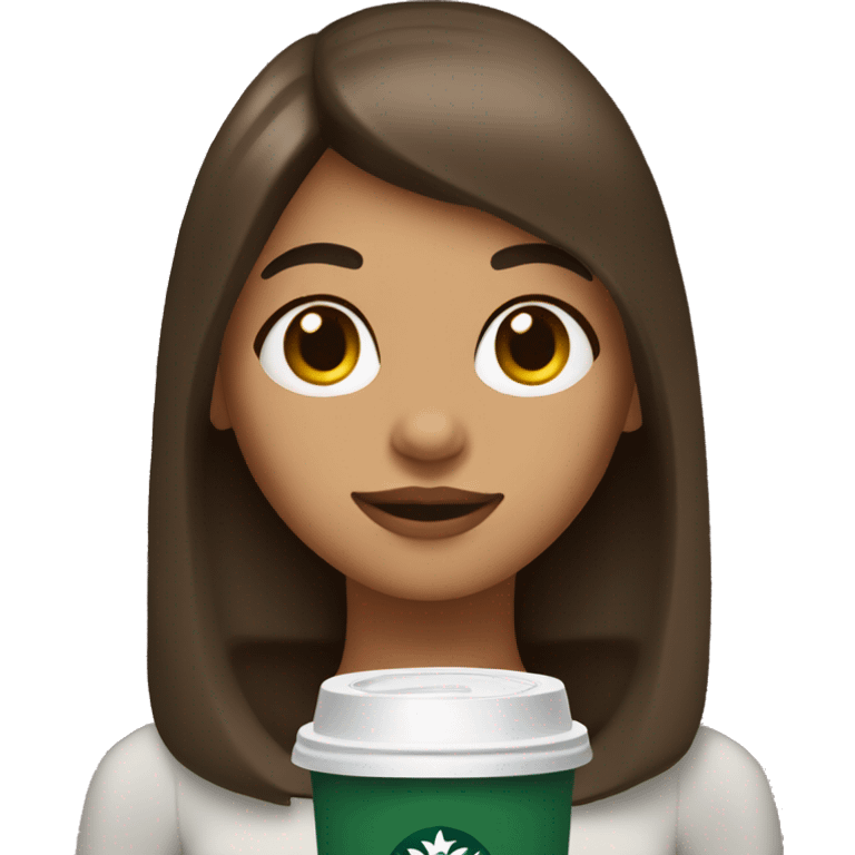 girl with a tan,straight brown hair with curtain bangs, with a mole on the left side of her face holding a starbucks christmas cup emoji