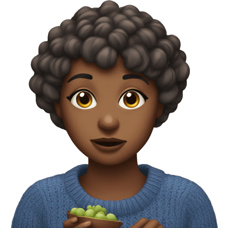 Brown girl with short hair bangs in a blue jumper eating blueberries emoji