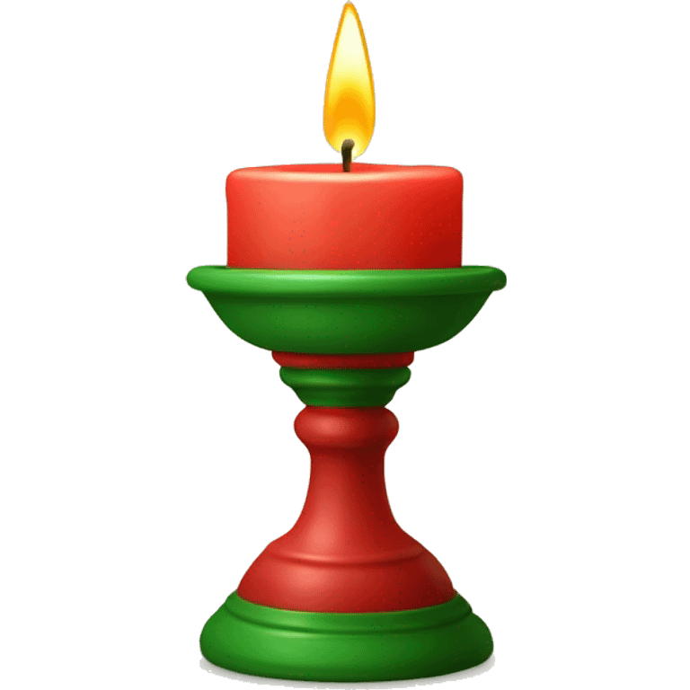 Lit candle in red holder with green details, warm and cozy emoji