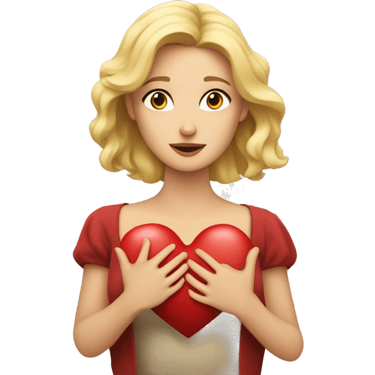 A European blonde woman holds her heart in her hands emoji