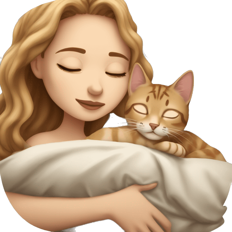 extremely light skin girl with light brown hair sleeping with cute bengal cat emoji