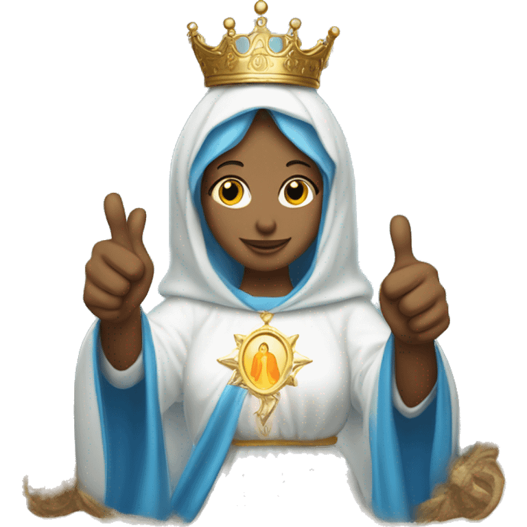 blessed virgin mary with one hand thumb up, with blue veil and white clothes, with crown, with halo emoji