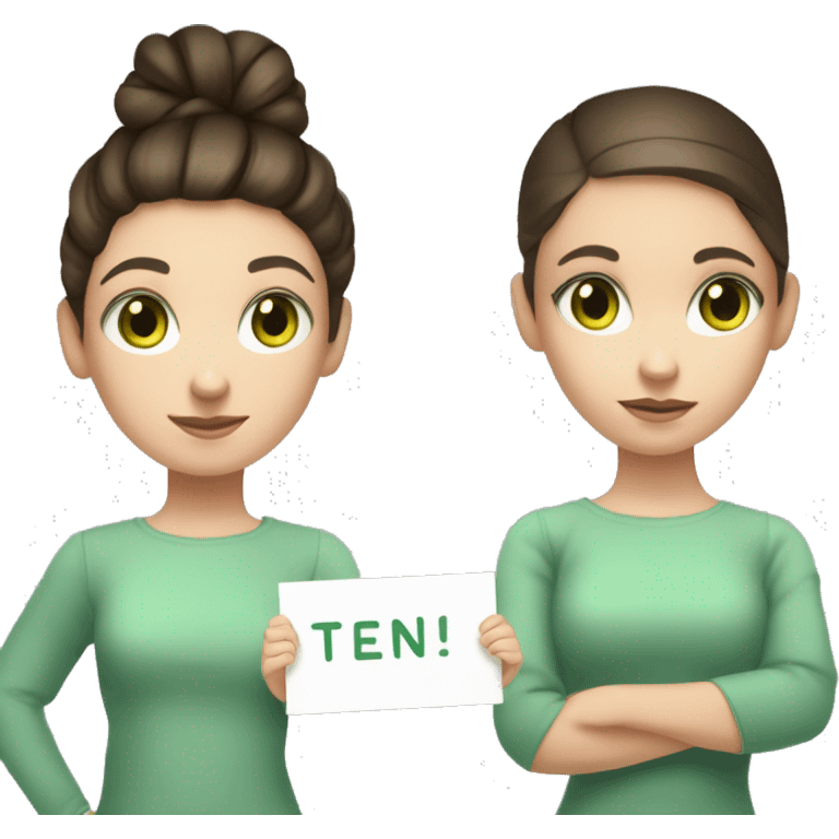 young girl with brunette hair tied up in a high bun and brunette hair, light green eyes the girl who is holding a sign with a ten emoji