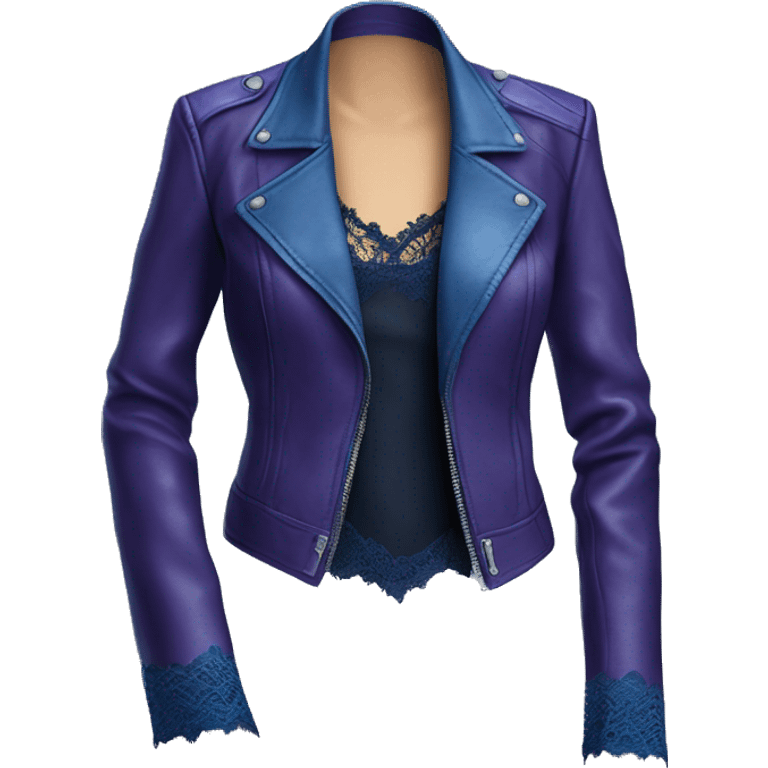 Realistic side view of a dark purple leather jacket with dark blue lace and blue silk camisole blouse underneath it. emoji