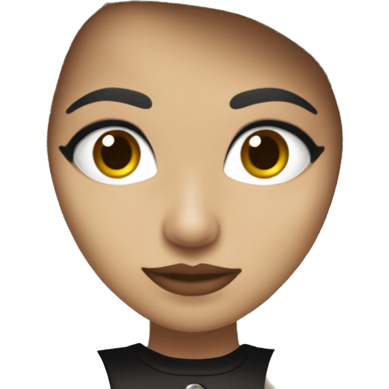 Mujer, blanca, ojos marrones pelo suelto y de color negro y una estética metalera  emoji