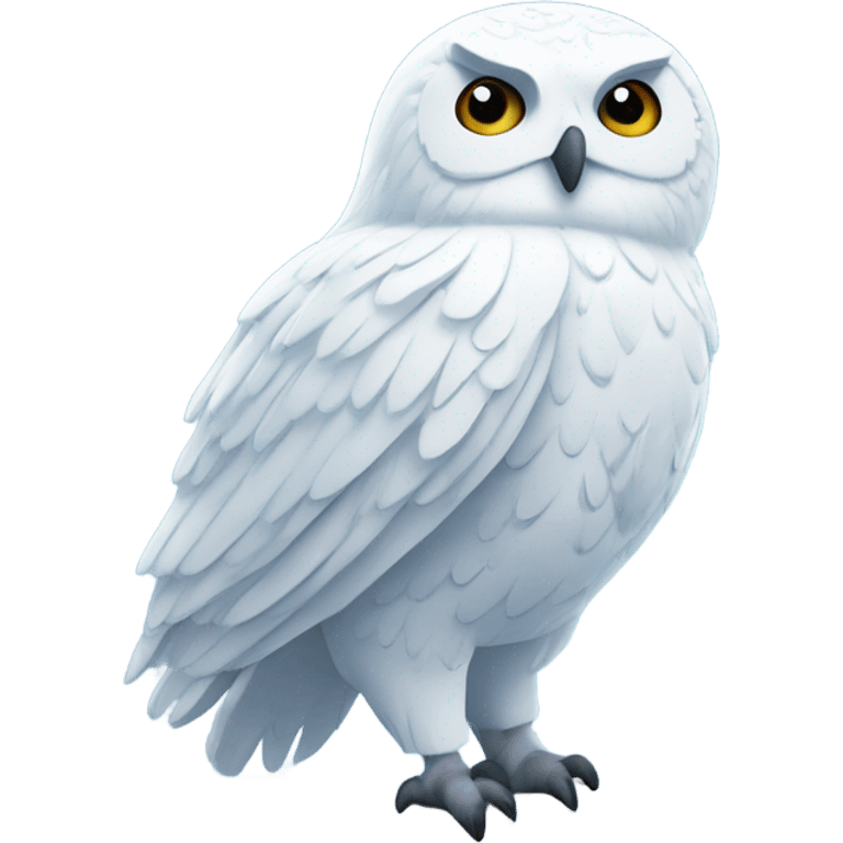 White owl with blue eyes sitting in a tree with snow all around emoji