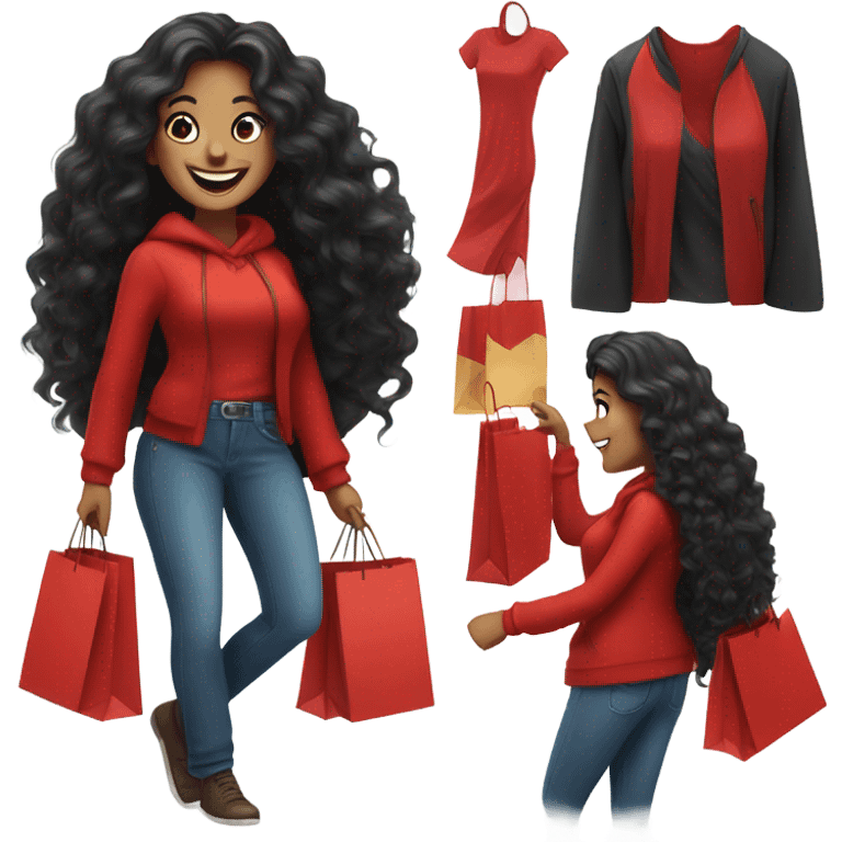 A happy woman with long black hair, big smile, holding shopping bags, curvy figure, festive red outfit emoji