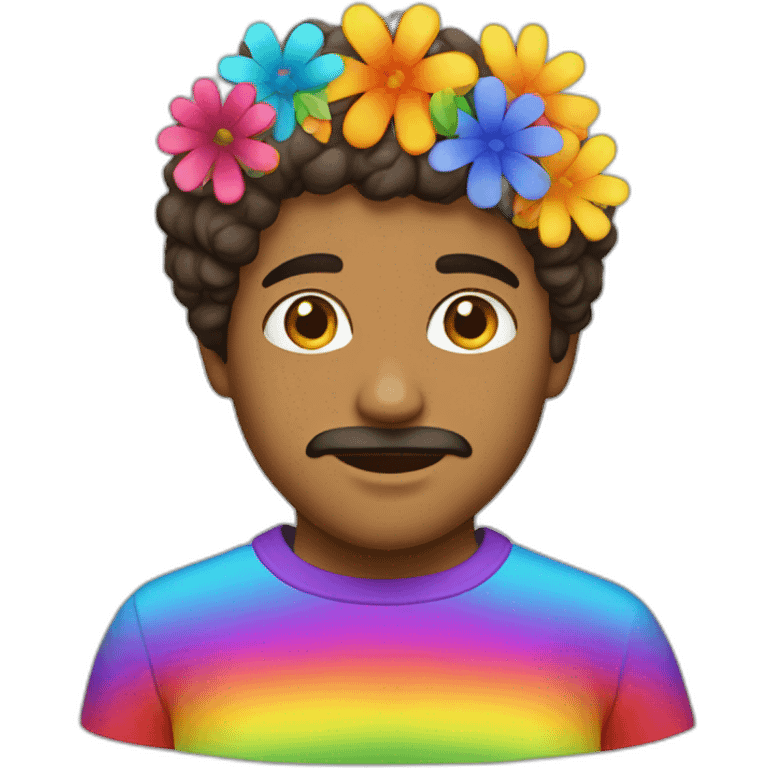 latino man with rainbow clothes and flowers on face emoji