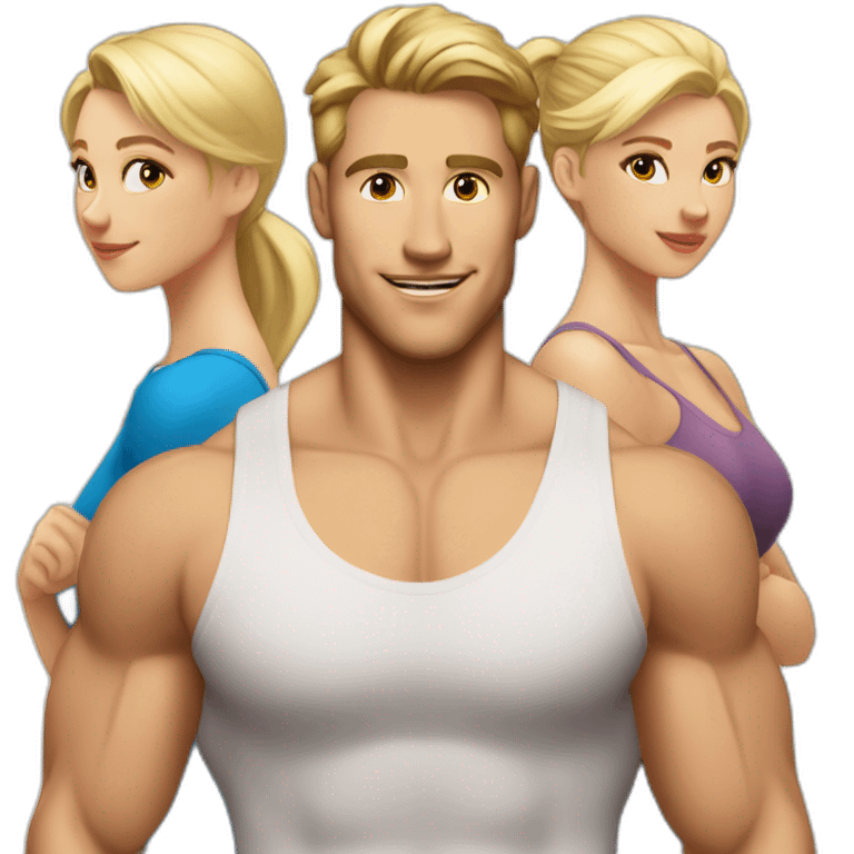 A skinny muscular white and blonde men in his 20 with two beautiful blonde girls looking an him from the side. emoji