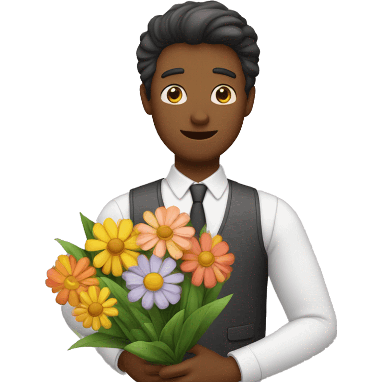 Monsieur qui pleure avec un bouquet de fleurs dans les mains emoji