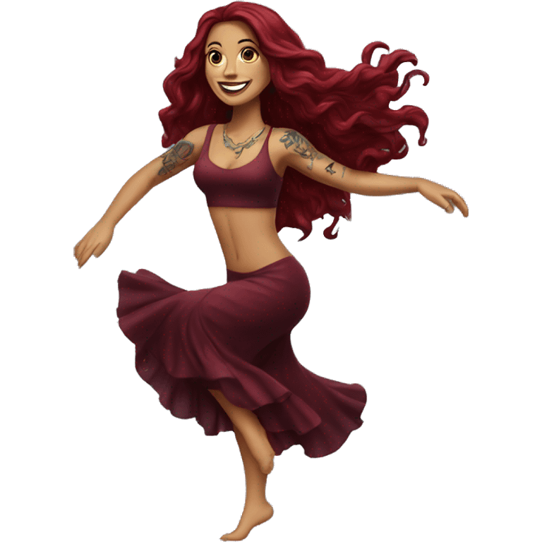 Beautiful tattooed burgundy long haired woman dancing emoji