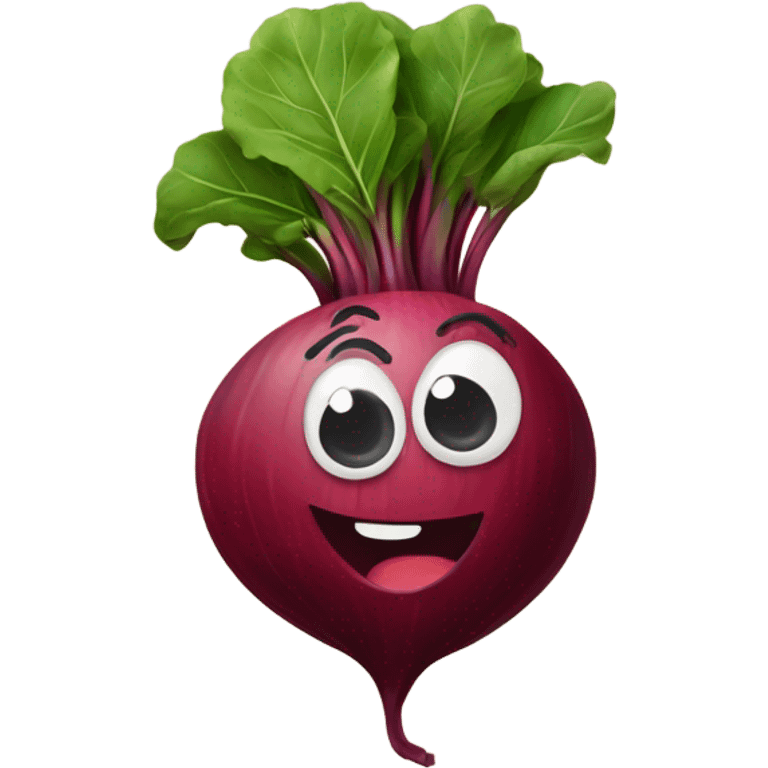 miling beetroot with big expressive eyes, rosy cheeks, and a green leaf on top. Simple and bright design with a cheerful and cartoonish style. emoji