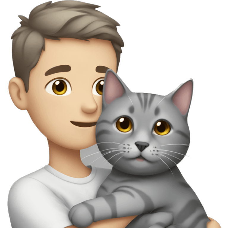 Boy with short hair cuddling grey British short hair cat emoji