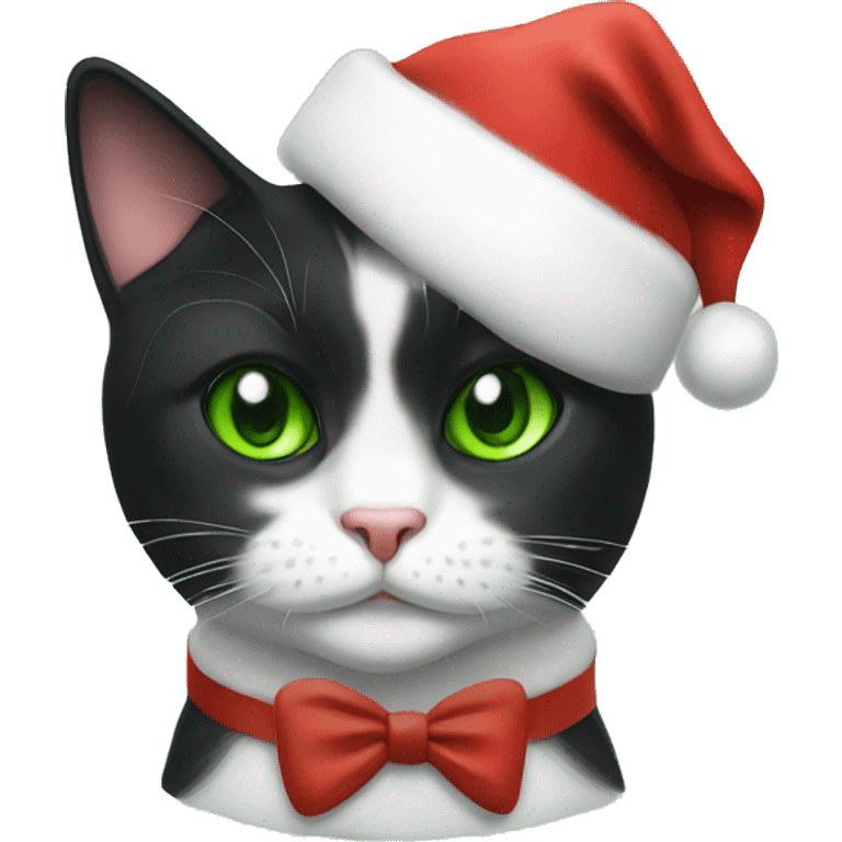 green eyed tuxedo cat in santa hat emoji