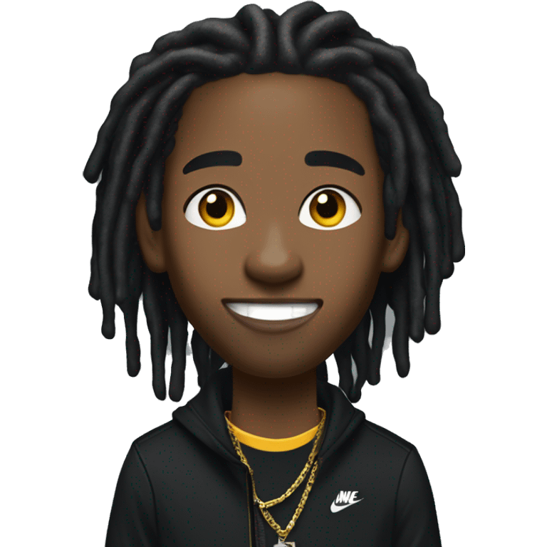 African American young man with medium long length dreadlock’s and gold grillz wearing a black Nike tech jacket with a black matching Nike tech pants  emoji