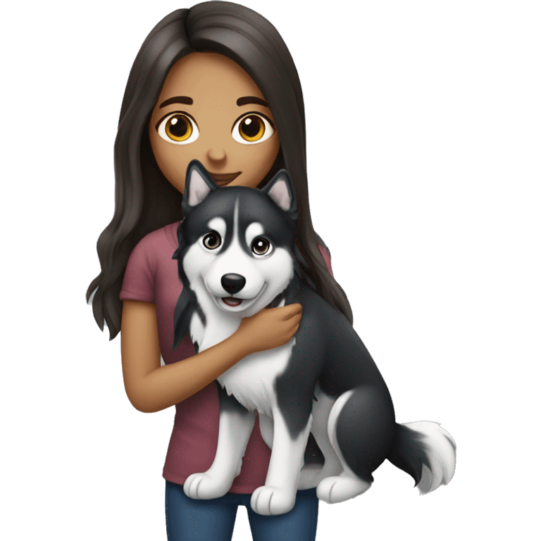 Long haired brunette girl holding husky emoji