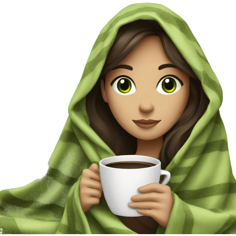 Brunette girl green eyes in blanket with coffee emoji