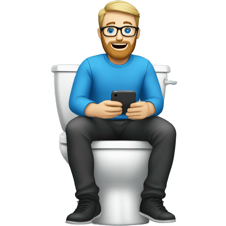 White man with a beard, glasses and blue eyes sitting on the toilet holding a phone emoji